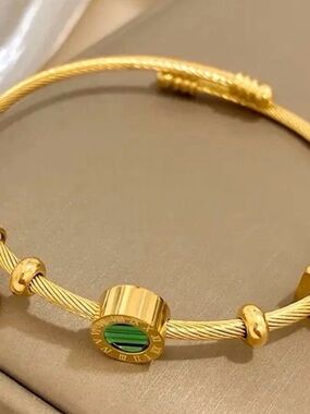 Gold-Tone Cable Bracelet with Green Accent